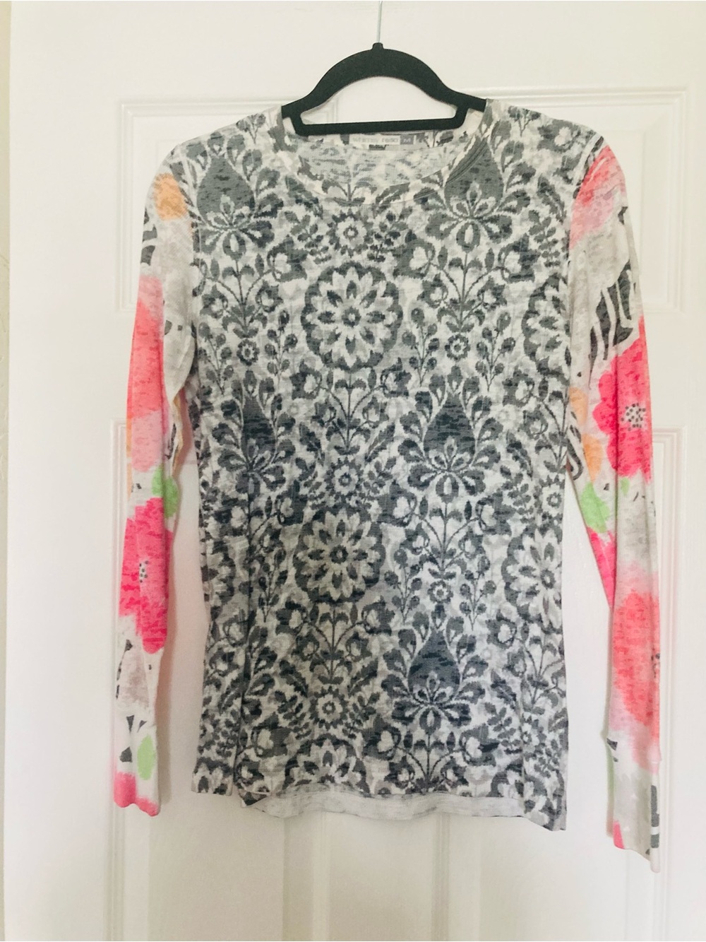 Whimsy Rose Baby Waffle Floral Long Sleeve Tee, Gray w/Neon Accents, Sz Medium